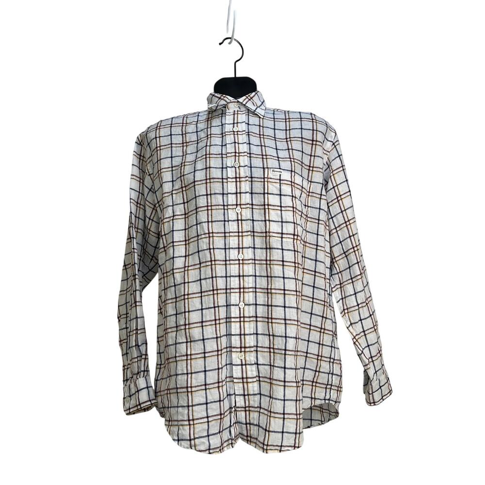 Faconnable Windowpane Linen Button Up Shirt White